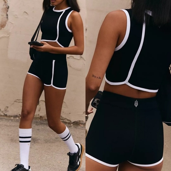 NEW Free People FP Movement Parisienne colorblock piping crop top hot short SET - Picture 8 of 12